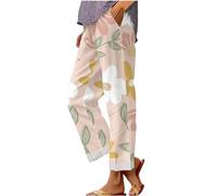 Womens Casual Cotton Linen Capri Pants Straight Leg Elastic Waist Tropical Floral Print Cropped Trousers with Pockets Summer Trendy Beach Palazzo Pants Holiday Lounge Bottoms Beige