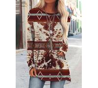 Women's Casual Cowhide Spot Diamond Graphic Crew-Neck Long Shirt | Extended asymmetrical tunic hem conceals hips and optimizes body proportion