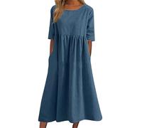 Women's Casual Crew Neck Pocket Smocked Cotton Dress, Summer Casual Flutter Short Sleeve Elastic Waist Midi Dress (Blue,4XL)