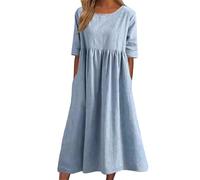 Women's Casual Crew Neck Pocket Smocked Cotton Dress, Summer Casual Flutter Short Sleeve Elastic Waist Midi Dress (Light Blue,M)