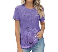 Womens Casual Crew Neck Short Sleeve Pleated Tops Blouses Ladies Summer Elegant T Shirts Solid Color Basic Tunic Tops UK Clearance Fashion Clothes 2024