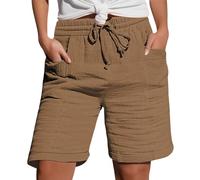 Women's Casual Crinkle Fabric Shorts with Elastic Drawstring Waist & Pockets | Lightweight Summer Bermuda Style Knee Length Holiday Beachwear for Ladies Brown XL