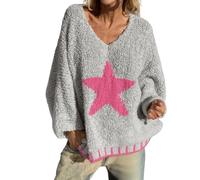 Women's Casual Cute Star Print V-Neck Pullover Sweaters Fall Winter Oversized Vintage Long Sleeve Jumpers