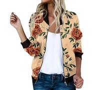 Womens Casual Daily Jackets Lightweight Zip Up Casual Jacket Flower Print Coat Stand Short Sports Outerwear Zipper Tops Good Threads Jacket (Yellow, L)