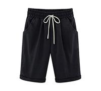 Women's Casual Drawstring Knee Length Shorts - Ladies Solid Colour Plain Lounge Travel Long Shorts with Pockets - Elastic Waist Turned Hem Spring-Summer Black Size XXL