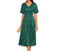 Women's Casual Dress Elegant Sequin Dress Short Sleeve Evening Dress V-Neck Swing Cocktail Dress A-Line Pleated Skirt XL Dark Green