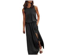 Womens Casual Dress Sale Clearance Summer Sleeveless Long Dress Split Solid Maxi Dress Bohemian Sundress Round Neck Boho Dress Flowy Beach Dress Holiday Clothes Ladies Summer Dress UK Size 8-16 Black