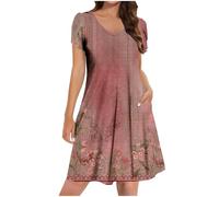 Women's Casual Dress V-Neck Short Sleeve Mini Dress Loose Solid Swing Patchwork Ruffle Hem Midi Dresses Floral Print Tunic Bodycon for Vacation Party Cocktail Vintage Sundress Wrap High Waist