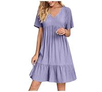 Womens Casual Dresses Plus Size Below Knee Length Midi Dress V Neck Wave Pleated Short Sleeve Sundress Comfy Lightweight Flowy Swing Summer Beach Vacation Sundress