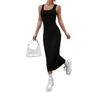 Womens Casual Dresses Tank Long Dress Sleeveless Ribbed Stretch Sexy Scoop Neck Basic Fitting Pencil Cocktail Dress Slim Fit Knitted Side Split Dresses Black X-Large