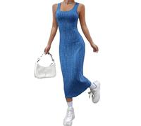 Womens Casual Dresses Tank Long Dress Sleeveless Ribbed Stretch Sexy Scoop Neck Basic Fitting Pencil Cocktail Dress Slim Fit Knitted Side Split Dresses Blue X-Large