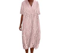 Women's Casual Dresses V Neck Loose Floral Long Short Sleeve Dresses Solid Midi Dress