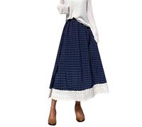 Women's Casual Elastic Waist Plaid Skirt Lace Eyelet Ruffle Skirt Gingham Swing Midi Long Skirt 2025 New Boho Dresses for Women UK