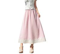 Women's Casual Elastic Waist Plaid Skirt Vintage Preppy Gingham Plaid Skirt Lace Eyelet Ruffle Skirts Gingham Swing Midi Long Dress Summer Lace Trim A-Line Midi Skirts with Ruffle Hem Dress (S) Pink