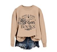 Women's Casual Fashion Just A Girl Who Books Casual Pullover with Long Sleeves Jumpsuit Pyjamas Women Without, khaki, L