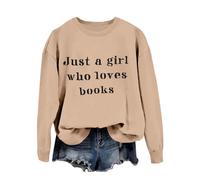 Women's Casual Fashion Just A Girl Who Books Casual Pullover with Long Sleeves Leotard Girls Long Sleeve, khaki, L