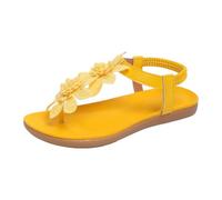 Womens Casual Flat Sandals Floral Applique T-Strap Summer Shoes Elastic Slingback Beach Holiday Daily Leisure Footwear Yellow
