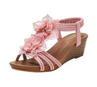 Women's Casual Flat Slide Sandals Womens Elastic Ankle Strap Beach Shoes Pattern Beaded Walking Comfy Wedge For Women White Ladies' Ladies Wide Fit Sandels Fitting Summer Uk Sandles Pink 5.5