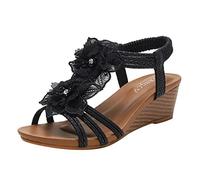 Women's Casual Flat Slide Sandals Womens Elastic Ankle Strap Beach Shoes Pattern Beaded Walking Comfy Wide Fit For Women Ladies Ladies' Wedge Uk Sandles Fitting Summer Sandels Leather Black 6