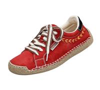 Women's Casual Flat Sneakers Vintage Stitched Lace Up Shoes Boho Canvas Style Loafers Comfortable Round Toe Walking Footwear Red