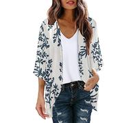 Womens Casual Floral Printed Puff Sleeve Chiffon Kimono Cardigan Summer Beach Loose Cover Up Blouse Tops Lightweight Cardigan Jackets for Women