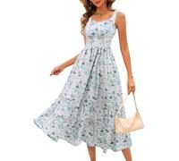 Women's Casual Floral Summer Beach Dress 2025 Boho Ruffle Tiered Vacation Dress A Line Smocked Sundress Blue XL