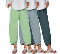 Womens Casual Harem Trousers Linen Cropped Pants Straight Elasticated Waist Chino Bottoms with Pocket Summer Beach Pants 3-5 Pcs