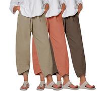 Womens Casual Harem Trousers Linen Cropped Pants Straight Elasticated Waist Chino Bottoms with Pocket Summer Beach Pants 3-5 Pcs