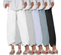 Womens Casual Harem Trousers Linen Cropped Pants Straight Elasticated Waist Chino Bottoms with Pocket Summer Beach Pants 3-5 Pcs