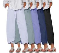 Womens Casual Harem Trousers Linen Cropped Pants Straight Elasticated Waist Chino Bottoms with Pocket Summer Beach Pants 3-5 Pcs