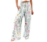 Womens Casual Hawaiian Style Pants UK Ladies Lounge Mopping Pant Stretchy Elastic High Waist Trousers Straight Wide Leg Pants Floral Print Loose Fit Workout Trouser with Pocket