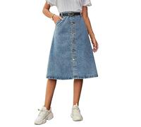 Women's Casual High Waisted Denim Midi Skirt Vintage A-Line Button Down Flared Midi Skirts with Pockets (Color : Blue, Size : M)