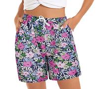 Womens Casual Home Wear Yoga Hawaiian Shorts Women's Casual Shorts Summer Comfy Beach Shorts Elastic Ladies Floral Print Summer Beach Board Swimming Shorts Elasticated Size 8-18