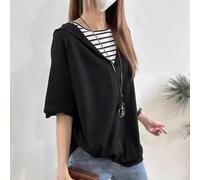 Womens casual hooded tshirt in polyester with striped fake two piece design moderate elasticity ideal for daily vacation holiday and club wear (One Size black)