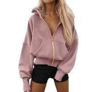 Women's Casual Hooded Zip Up Sweatshirt, Solid Color Long Sleeve Loose Fit Pullover With Pockets For Daily Wear Outdoor Sports Comfortable Warm Soft Fleece, Lightweight Jackets Work Clothes Pink