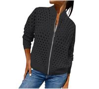 Women's Casual Jackets Summer Hollow Knitted Long Sleeve Zipper Jacket Loose Lightweight Coat Crochet Cardigan Jackets Sweater Knitted Outerwear Fashion Top Going Out Y2K Streetwear Black