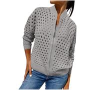 Women's Casual Jackets Summer Hollow Knitted Long Sleeve Zipper Jacket Loose Lightweight Coat Crochet Cardigan Jackets Sweater Knitted Outerwear Fashion Top Going Out Y2K Streetwear Gray