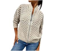 Women's Casual Jackets Summer Hollow Knitted Long Sleeve Zipper Jacket Loose Lightweight Coat Crochet Cardigan Jackets Sweater Knitted Outerwear Fashion Top Going Out Y2K Streetwear Beige