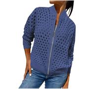 Women's Casual Jackets Summer Hollow Knitted Long Sleeve Zipper Jacket Loose Lightweight Coat Crochet Cardigan Jackets Sweater Knitted Outerwear Fashion Top Going Out Y2K Streetwear Blue
