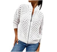 Women's Casual Jackets Summer Hollow Knitted Long Sleeve Zipper Jacket Loose Lightweight Coat Crochet Cardigan Jackets Sweater Knitted Outerwear Fashion Top Going Out Y2K Streetwear White
