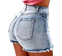 Women's Casual Jean Shorts Frayed Raw Hem Butt Lifting High Waisted Stretchy Short Leg Distressed Bodycon Denim Shorts Summer Vacation Beach Hot Short Pants with Pockets Light Blue