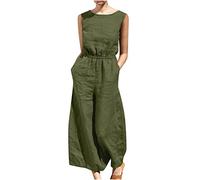 Women's Casual Jumpsuit UK Sleeveless Round Neck Loose Overalls Cotton and Linen Jumpsuit Solid Colour Wide Leg Long Overalls Elastic Waist with Pockets