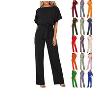 Women's Casual Jumpsuits Solid Color Batwing Sleeve Playsuit Crewneck Loose Rompers Belted Wide Legs Overall S-3XL