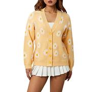 Women's Casual Lightweight Floral Cardigan Long Sleeve V Neck Button Down Daisy Printing Chunky Knit Sweaters Outerwear (A-Yellow, ONE Size)