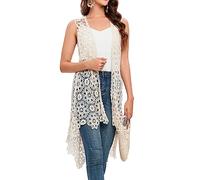 Women's Casual Long Crochet Vest Loose Fit Boho Lace Cover up High Low Sleeveless Cardigan, Beige, One Size
