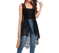 Women's Casual Long Crochet Vest Loose Fit Boho Lace Cover up High Low Sleeveless Cardigan, Black, One Size