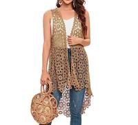 Women's Casual Long Crochet Vest Loose Fit Boho Lace Cover up High Low Sleeveless Cardigan, Khaki, One Size