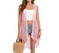 Women's Casual Long Crochet Vest Loose Fit Boho Lace Cover up High Low Sleeveless Cardigan, Pink, One size