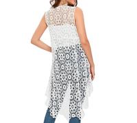 Women's Casual Long Crochet Vest Loose Fit Boho Lace Cover up High Low Sleeveless Cardigan, White, One Size
