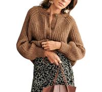 BTFONIA Women's Casual Long Sleeve Crewneck Button Down Cardigan Sweater Knit Outwear(Brown,XL)